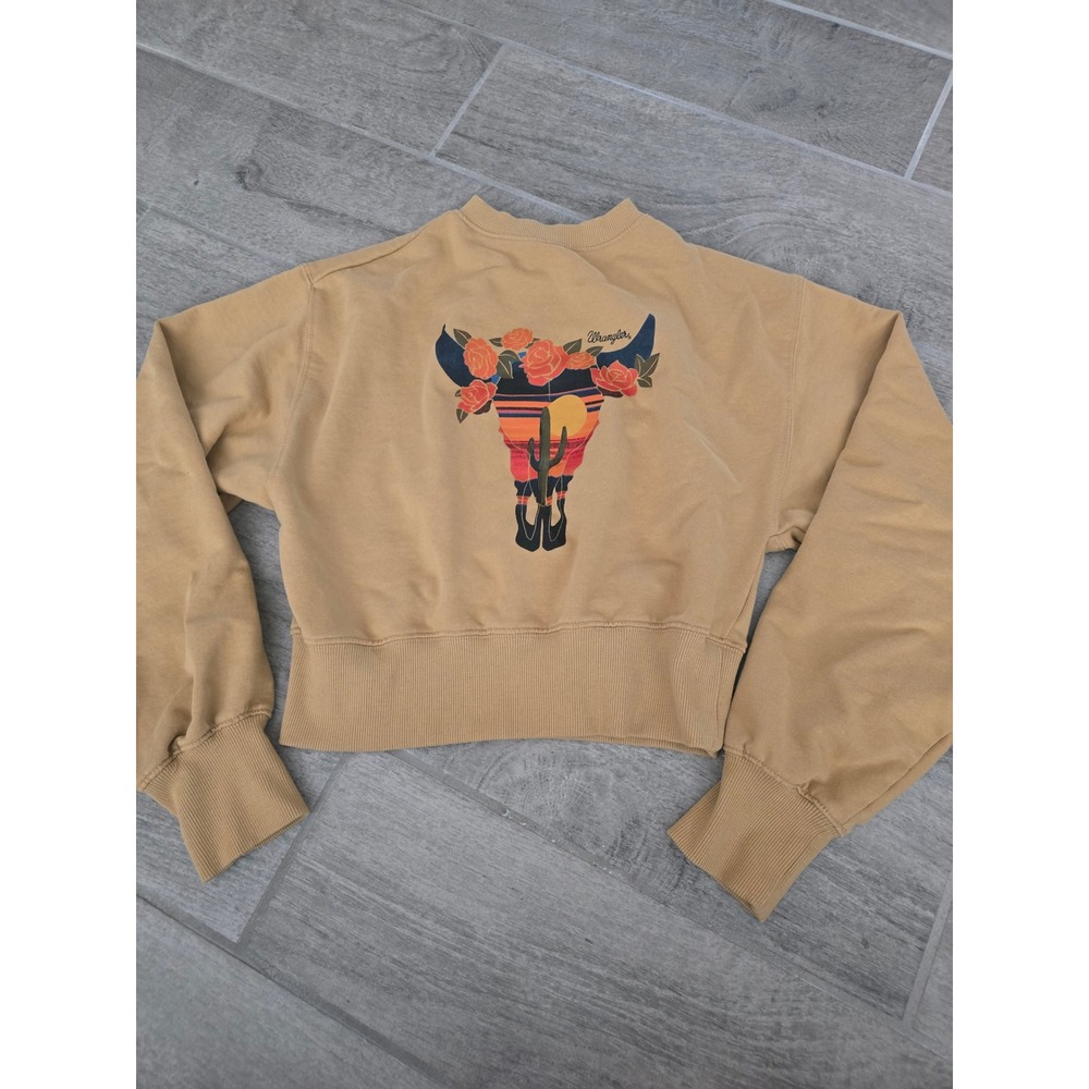 Wrangler Retro Women Cropped Sweatshirt Bull Skull Desert Graphic Small Boho